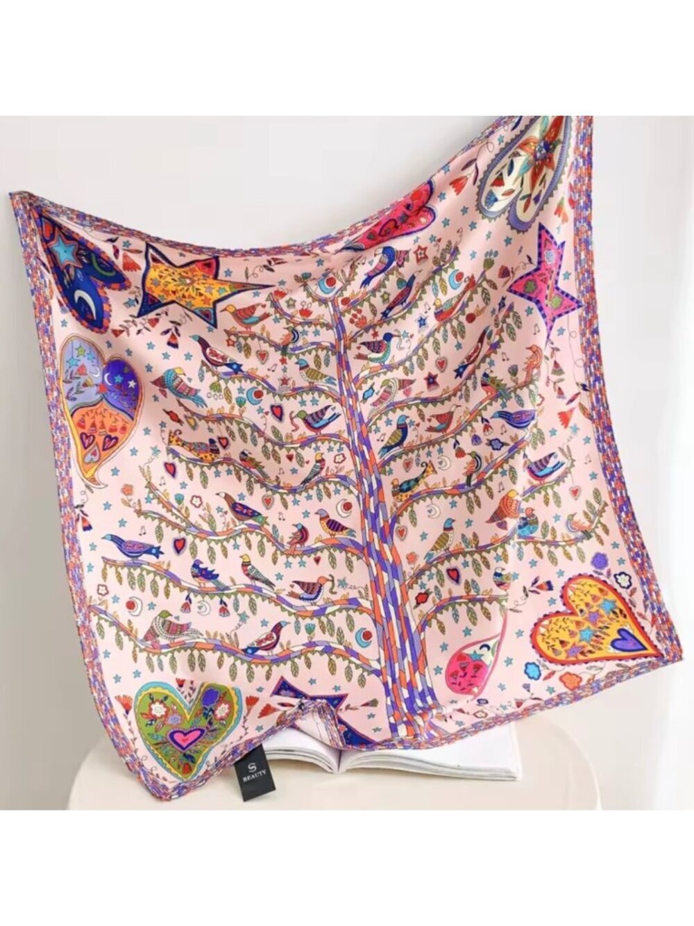 New Square Scarf Silk Satin Printed Pink Tree Birds Heart Whimsical Novelty